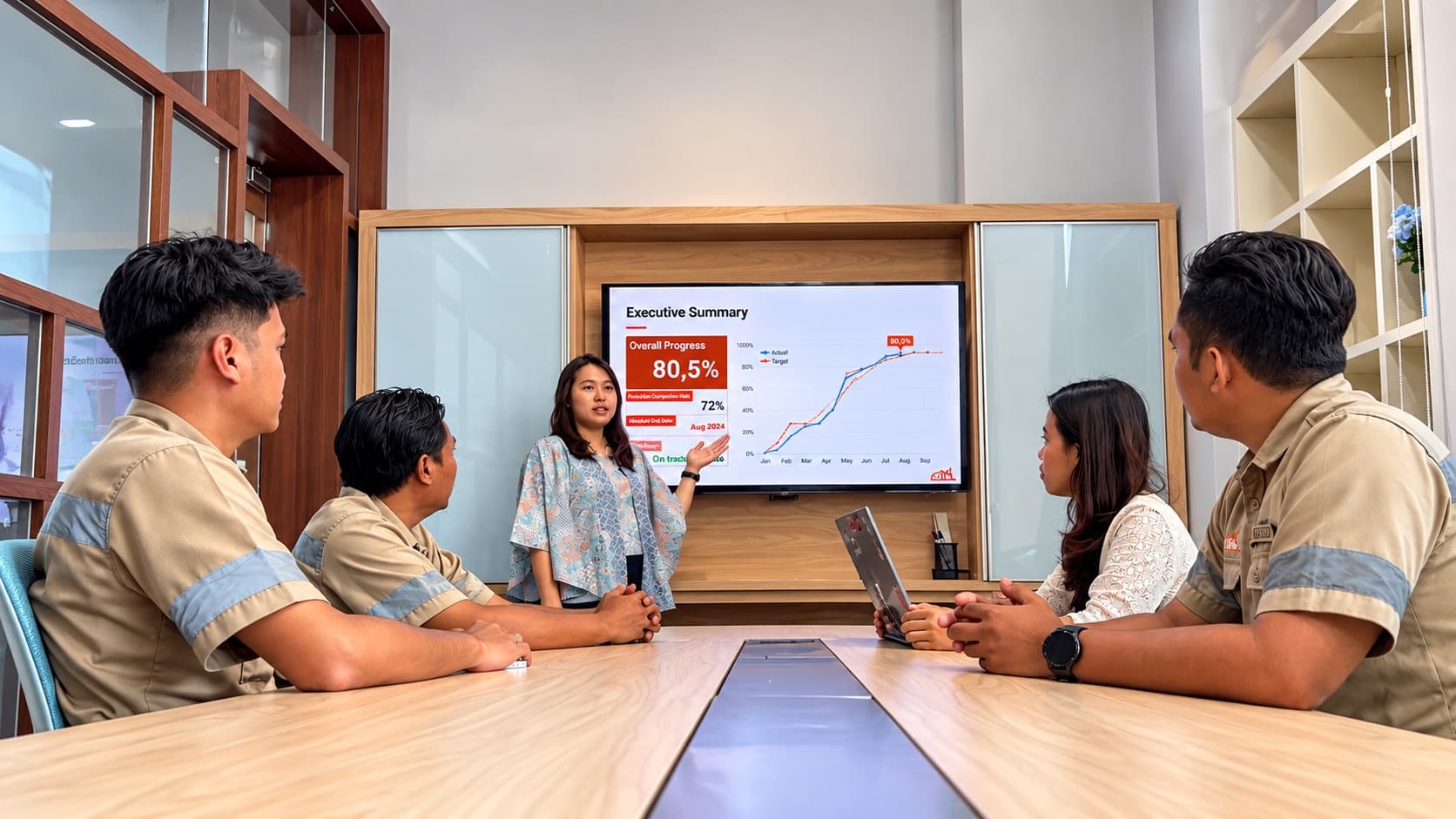 The PT Multi Arta Lestari team reviewing an overall progress report in a meeting room